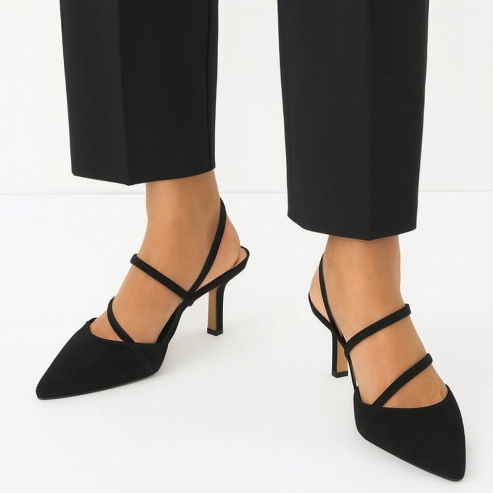 Ann Taylor SZ 8 Strappy Asymmetrical Suede Pump Style # 603186 NEW